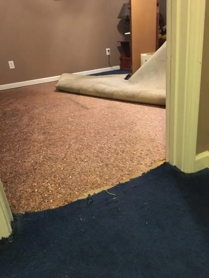 Carpet pad removal revealing water damage during Water Mitigation Services in Byram